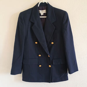 Vintage Liz Claiborne 4P Navy Blue Wool Double Breasted Blazer Gold Buttons